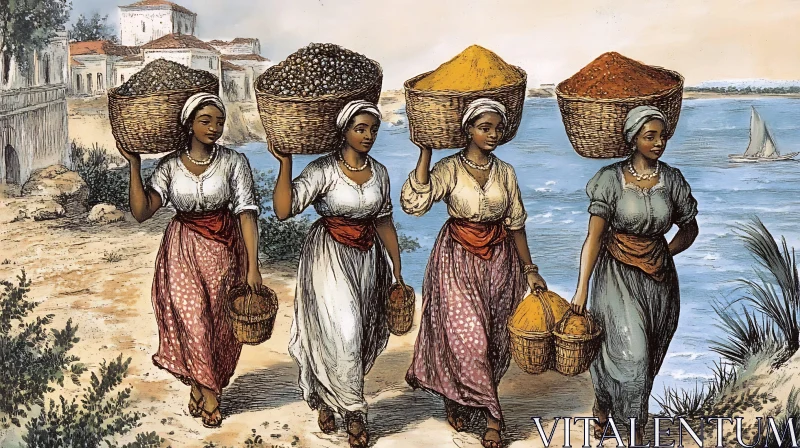 Traditional Women with Baskets Vintage Art AI Image