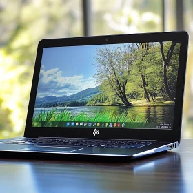 Black Laptop Featuring a Nature Landscape Screen