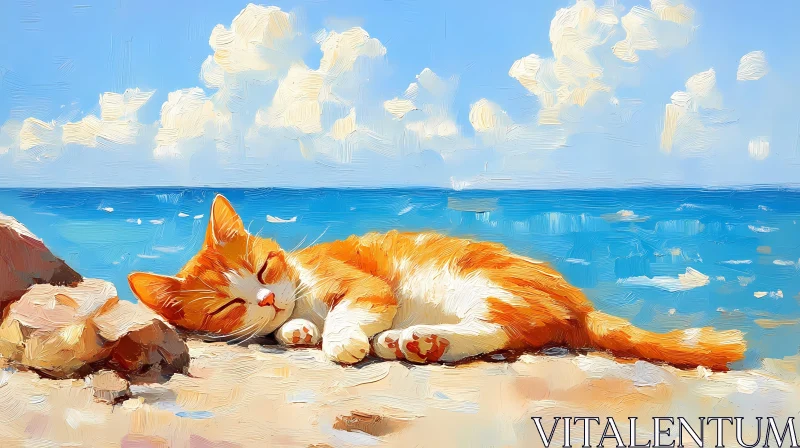 Serene Cat Relaxing by the Ocean AI Image