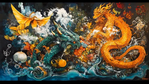 Dragons Battle Painting Mythical Creatures