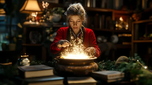 Sorceress Casting Spell Over Cauldron