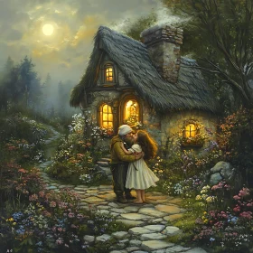 Moonlit Embrace at Cottage Door