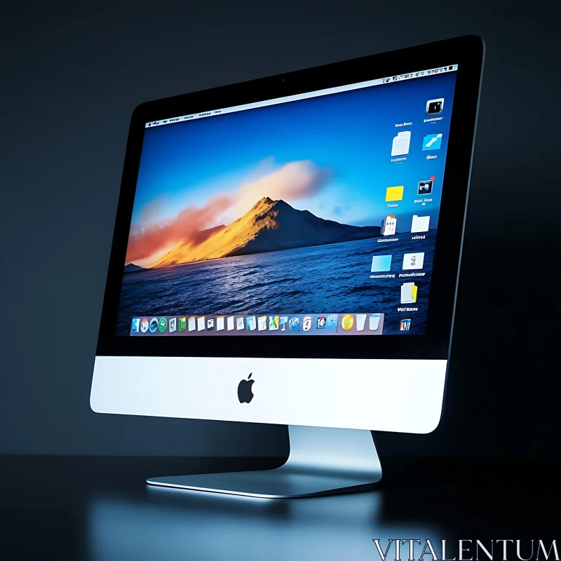 Sleek Apple iMac Displaying a Mountainous Landscape AI Image