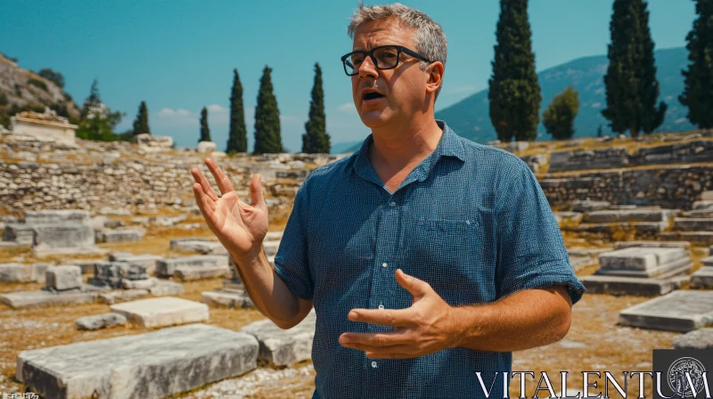 AI ART Man Explaining History in Archaeological Site