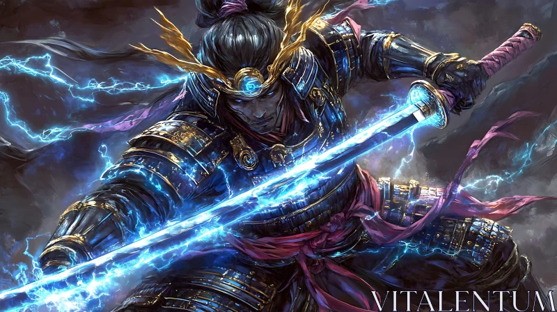 Blue Lightning Samurai Warrior Illustration AI Image