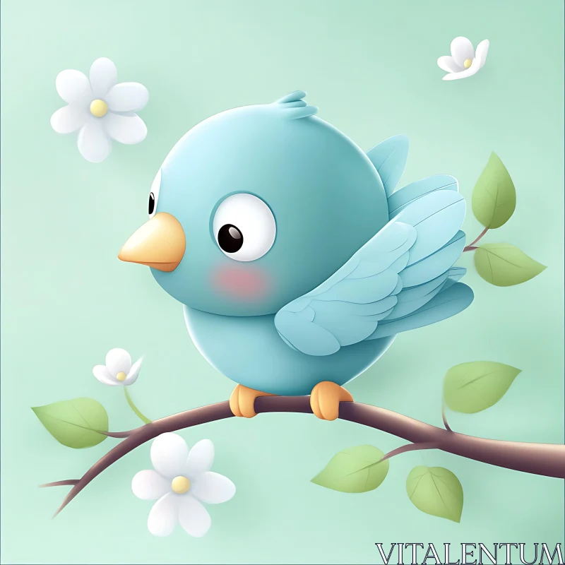 Cartoon Bird on Branch with Floral Accents AI Image