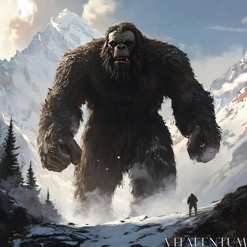 Giant Furry Creature in Snowy Mountains AI Image