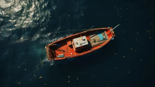 Aerial Scene of a Small Red Boat Floating in the Sea - Rusty Debris and Unreal Engine 5