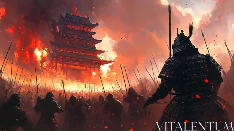 AI ART Fiery Battlefield: Samurai and Burning Pagoda