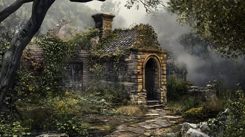 Overgrown Stone Cottage in Misty Woods