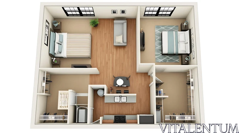 Apartment Layout Design with Two Bedrooms AI Image