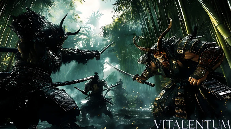 Horned Warriors Clash Swords in Forest AI Image