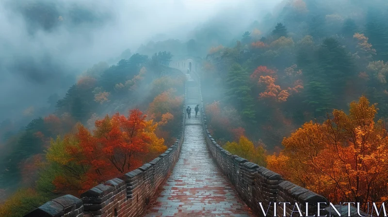 Colorful Autumn Leaves on a Great Wall: A Captivating Landscape AI Image