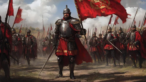 Medieval Warriors with Red Flag