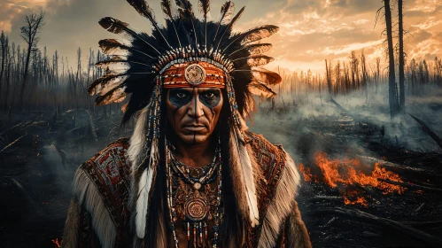 Indigenous Portrait in Burning Landscape