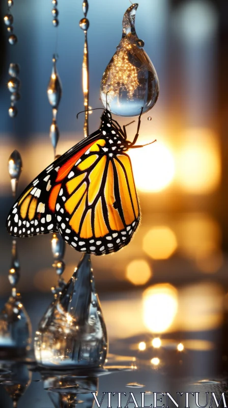 Monarch Butterfly on Water Drops: An Urban Fairy Tale at Twilight AI Image