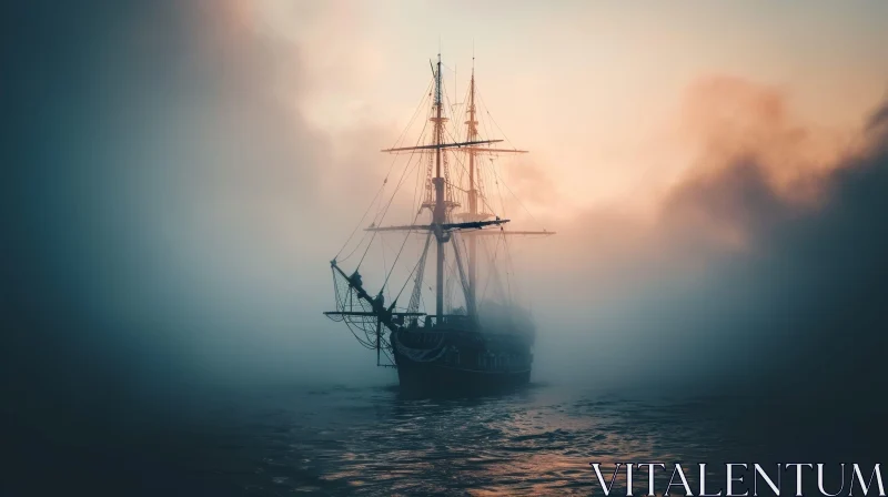 Mysterious Silhouette of a Tall Ship in Dense Fog AI Image