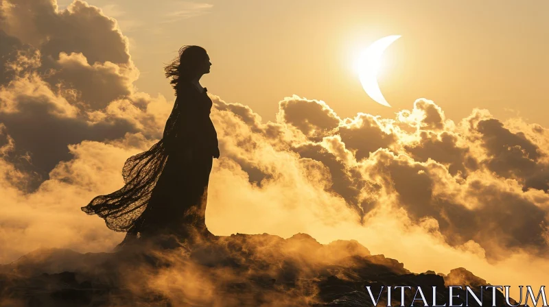Powerful Sunset Portrait: Woman on Cliff with Flowing Dress AI Image