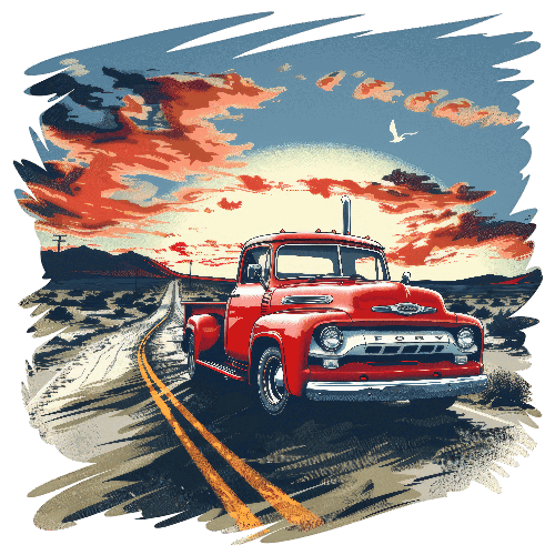 Red Retro Pickup Truck on Desert Road - Sunset Journey POD Design