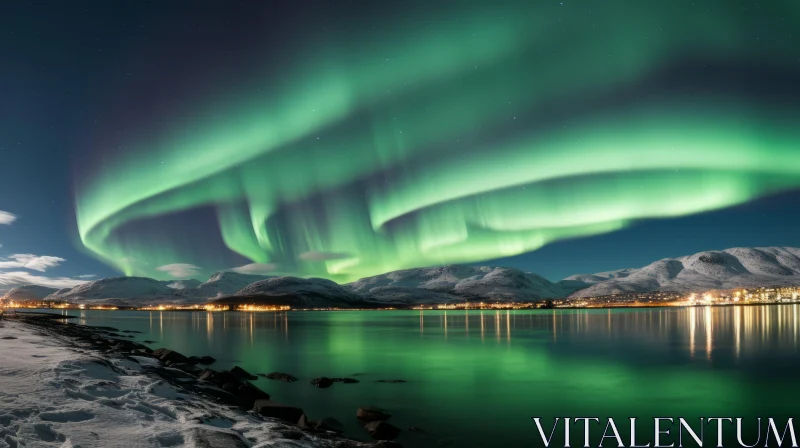 Spectacular Northern Lights over Snowy Mountains and Lake AI Image