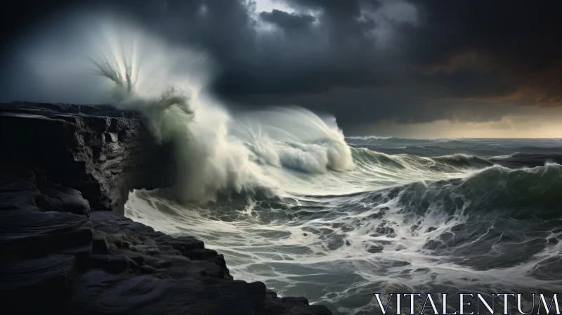 Stormy Ocean Scene: Nature's Fury Captured in a Matte Photo AI Image
