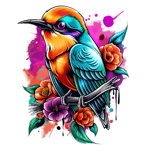 POD Design Tropical Bird Illustration with Bright Feathers and Colorful Flowers