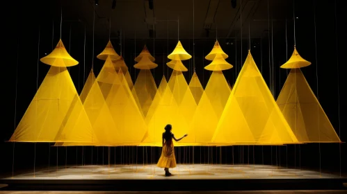 Yellow Pyramid Installation: Whimsical Silhouettes in Stage-like Environments