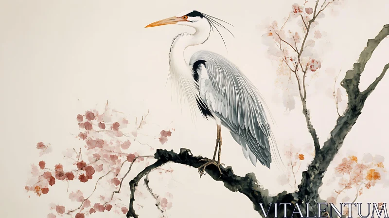 AI ART Watercolor Heron Amidst Blossoms