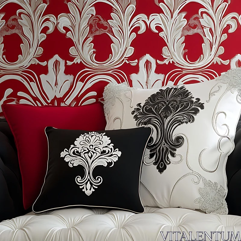 Ornate Throw Pillows and Rich Textured Wallpaper in Luxurious Set-Up AI Image