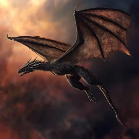 Black Dragon Flight Against Fiery Sky