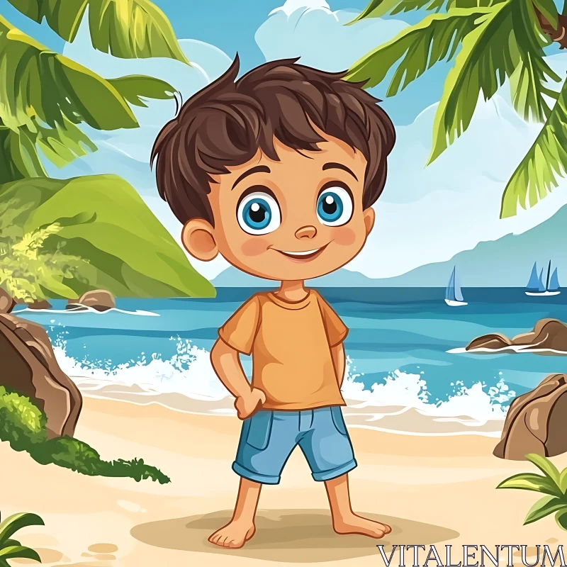 AI ART Sunny Beach Day with Cartoon Boy