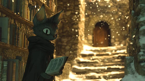 Whimsical Feline Scholar in Winter Setting