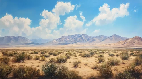 Beautiful Desert Scene with Mountains and Fluffy Clouds