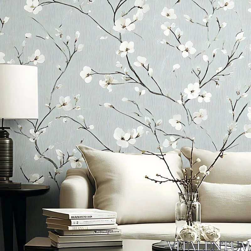 Chic Living Room Featuring Floral Wallpaper AI Image