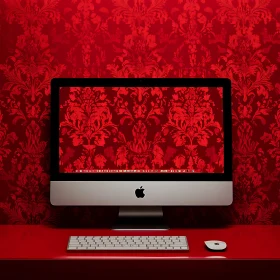 Apple iMac Setup with Red Damask Design