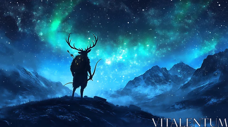 Celestial Deer Silhouette Mountain Scene AI Image