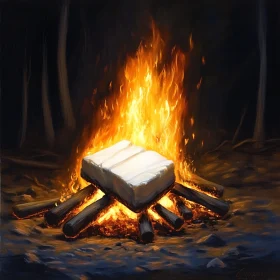 Nighttime Bonfire with Bright Flames and Logs