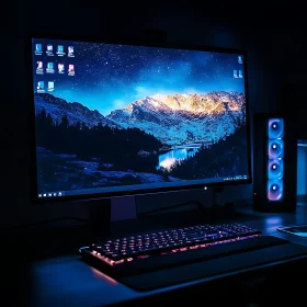 Modern Computer Desk with Mountain Landscape Monitor