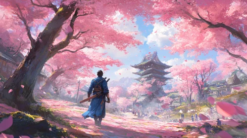 Japanese Temple and Sakura Bloom Artwork