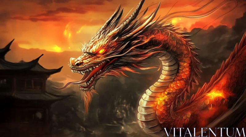 AI ART Oriental Dragon with Burning Sky