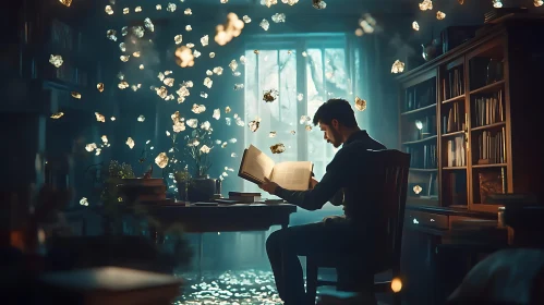 Man Reading Book with Floating Lights