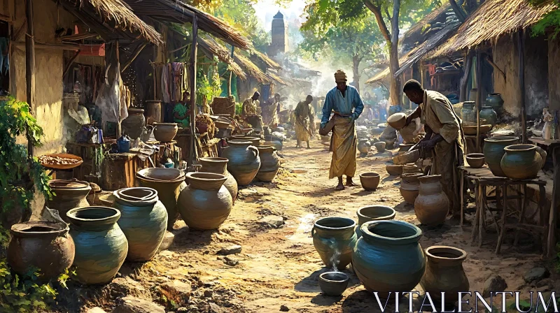 Clay Pots in African Village AI Image