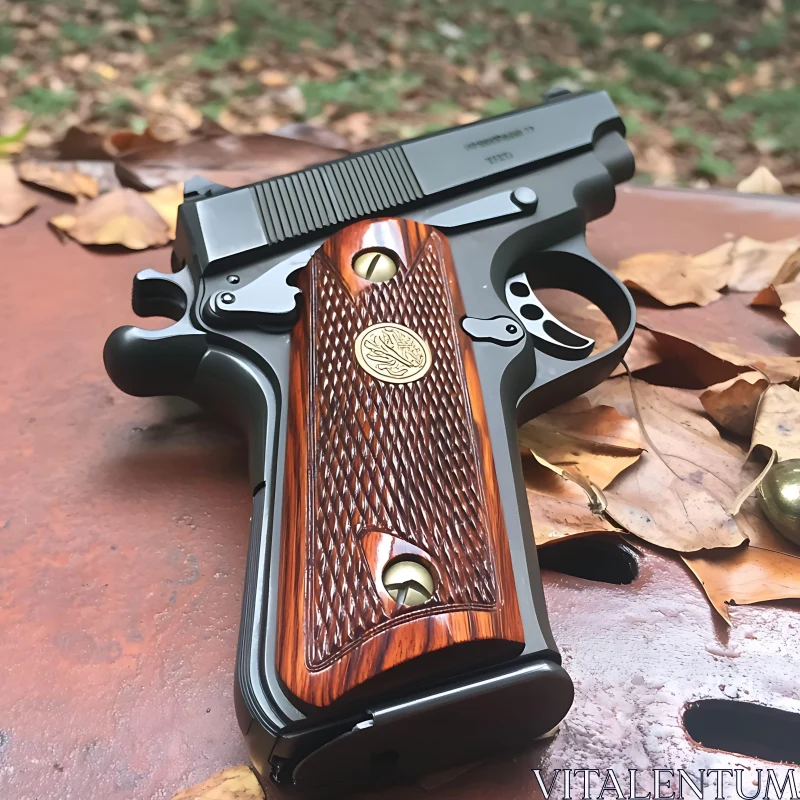 Black Handgun Featuring Carved Wooden Grip AI Image