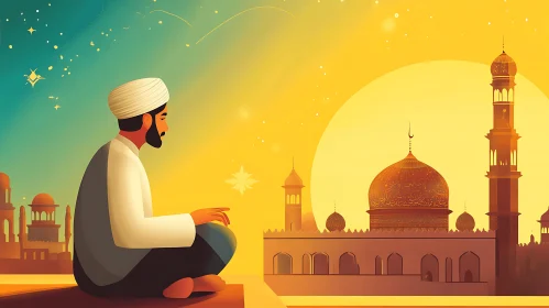 Serene Mosque Illustration with Meditating Man