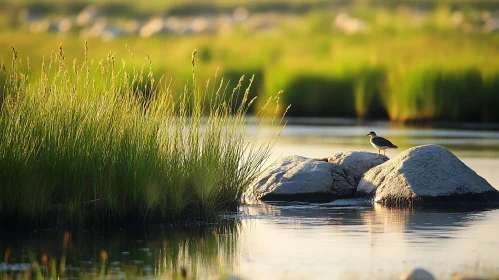 Bird Perched on Rocks by Water