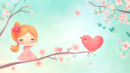 Sweet Girl and Bird Spring Artwork