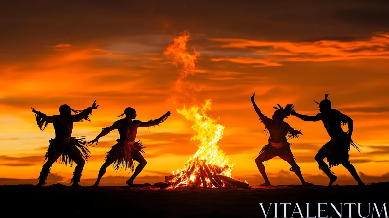 Silhouette Figures Dancing by Firelight AI Image