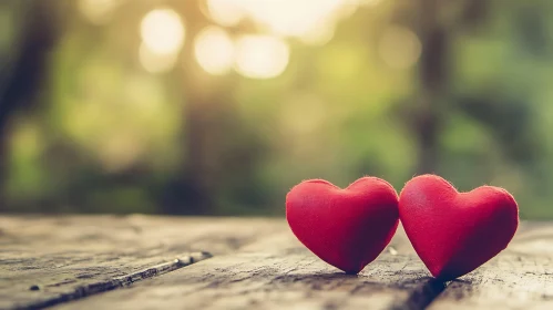 Two Red Hearts on Rustic Table