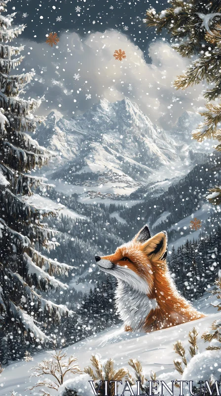 Serene Snowy Mountain Fox Scene AI Image