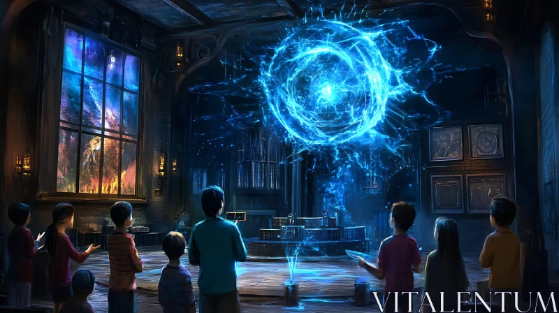 Kids Observe Futuristic Plasma Sphere AI Image